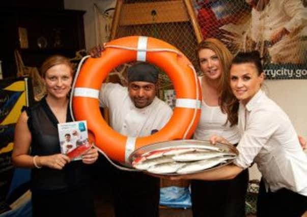 Charlene Laurens, Sales and Marketing Manager at Best Western White Horse Hotel, Campsie, with Umesh Aggarwal, second chef, Heidi Sheel, Assistant Manager, and Manika Nojszewska, restaurant supervisor, launching their 6 course Seafood Trail menu which includes Lough Foyle Smoked Salmon, North West Coast Sea bass, Cod and Scallops in coordination with Flavours of Foyle Seafood Festival.