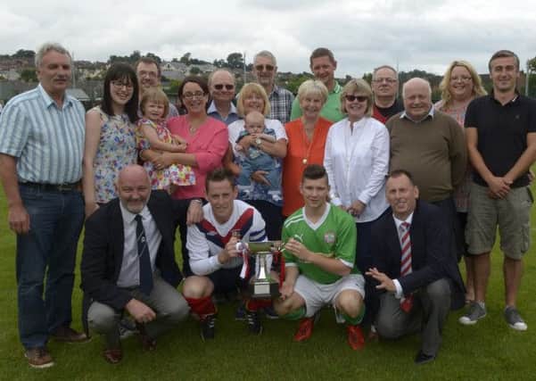 Members of the Larmour Family pictured at the Bobby Larmour Memorial Cup Final between Banbridge Town and Cliftonville with team captains Stephen Greene (Banbridge Town) and John Donnelly (Cliftonville), Town President Andrew Cully and Chairman Stephen Radcliffe© Edward Byrne Photography INBL1430-224EB