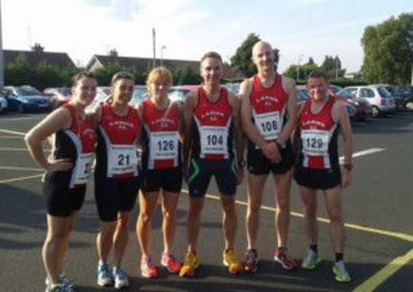 Kellie Connor, Lyndsey Dillon, Geraldine Quigley, James Iriwn, Phelim McAllister and Andy Gregg at the Milk Run 5 mile race. INLT 31-907-CON