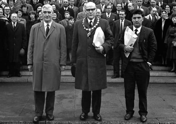 Eddie McAteer (left) with Mayor Albert Anderson and John Hume, following a cavalcade to Stormont in support of a University for Londonderry.