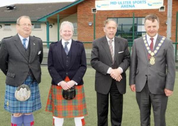 Pictured at the launch are, from left: Ray Hall, chairman of The Royal Scottish Pipe Band Association Northern Ireland Branch; Desmond McLaughlin, secretary of the Mid-Ulster Section; Sam Glasgow M.B.E., president of the Mid-Ulster Section; and Wilbert Buchanan, chairman of Cookstown District Council.