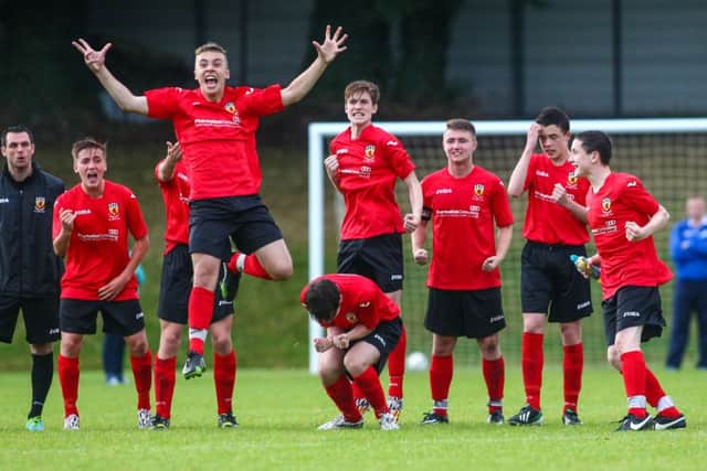 31st July 2014 ©Kevin Scott / Presseye
The 2014 Dale Farm Milk Cup International Youth Football Tournament, JUNIOR SECTION : Thursdays Milk Cup Junior Semi-Final between Co. Antrim and O'Higgins FC, Scroggy Road
Co. Antrim celebrate as they win Thursdays Game on Penalties progressing to the final
©Kevin Scott / Presseye
