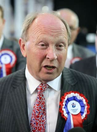 Press Eye - Belfast - Northern Ireland - 26th May 2014 - Picture by Kelvin Boyes / Press Eye 

European elections count at Kings Hall, Belfast.

Jim Allister, Traditional Unionist Voice speaks to the media
