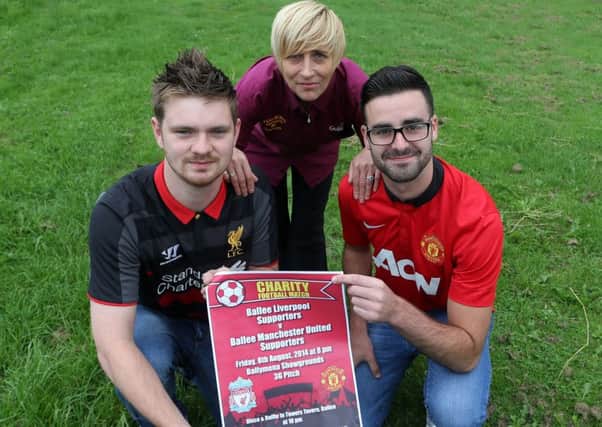 Event organiser Josh McCrory (left) and Colin McCaughern with Alison Murphy of Towers Tavern at last week's launch of a charity football match between Ballee Liverpool Supporters and Ballee Manchester United Supports which will be held at the Ballymena Showgrounds 3G Pitch on Friday 8th August to raise funds for the Association of Spina Bifida & Hydrocephalus. INBT 32-177CS