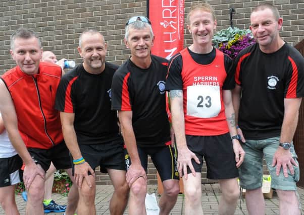 Lining up for the camera at the start of the Sperrin Harriers Stanley Reid Memorial 5 mile Road Race were  - Ali Ferguson, Rodney Young, Paul martin, Jason O'Neill and Gregory Cahoon