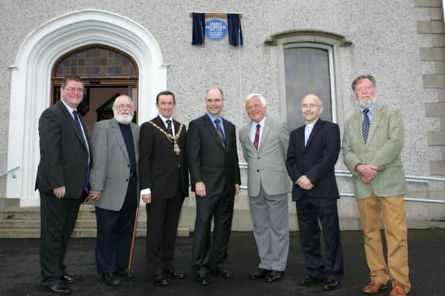 Pictured during the unveiling of the new James McGregor Plaque at Aghadowey Presbyterian Church from left are, Ian Crozier, Ulster Scots Agency, Rick Holmes, Historian Londonderry New Hampshire, Councillor George Duddy, Mayor of Coleraine, Greg Burton, US Consul General, Poet Wilson Burgess, the Reverend Robert Kane and Chris Spurr, chairman of the Ulster History Circle.