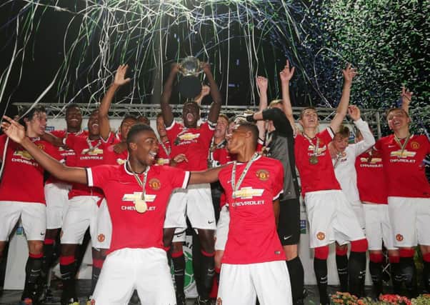 Manchester United celebrate after winning the Dale Farm Milk Cup Premier section after beating Vendee in the final. Picture: Press Eye.
