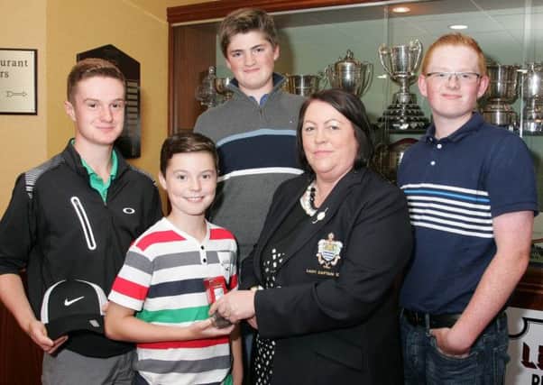 Juvenile prize winners from Lady Captain's Day, 9 hole winner James Whan, Jamie Thompson, white blocks winner, Matthew Doyle, yellow block runner up and Luke Crory, white blocks runner up are pictured with Lady Captain Denise McBrien © Edward Byrne Photography INBL1431-228EB
