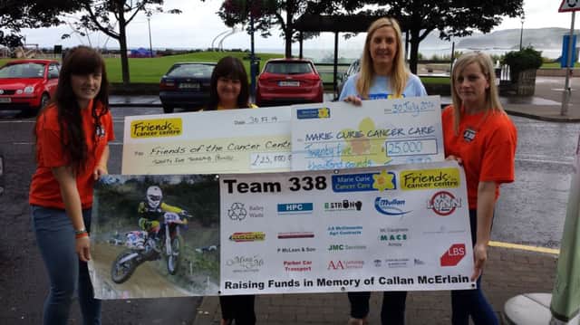 Team 338 raised over £50,000 for two cancer charities. Pictured are Claire Hogarth, Friends of the Cancer Centre, Tamara Mc Erlain and  Briege Hamilton from Team 338 and Anne Mc Roberts , Marie Curie Cancer Care. inbm32-14s
