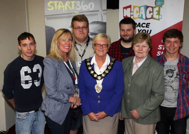 Mayor of Ballymena, Cllr. Audrey Wales, pictured with Anne-Marie McClure (Chief Executive Start360), Madeline Heaney (Head of Health and Social Wellbeing Improvement Public Health Agency) and service users Colin McMillan, Charles Ward, Thomas Galloway and Luke Cunningham at the official opening  of N-Gage. INBT32-271AC