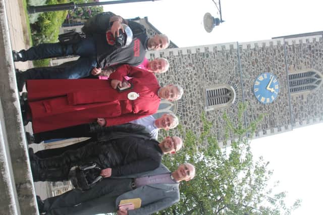 The first stop for the Bikers on a Mission was Lisburn Cathedral. Pictured outside the cathedral are, from left: Rev Andrew McCoskery; Jan de Vries of the United Society; the Very Rev John Bond, Dean of Connor; Canon Sam Wright, Lisburn Cathedral; Rev Nigel Kirkpatrick and Canon George Irwin, Ballymacash.