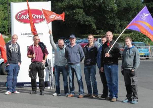 Workers protest outside the Karro Cookstown factory on Monday morning.