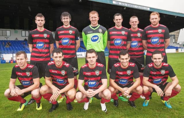 The Coleraine F.C. XI which started the pre-season match against Loughgall in the new season's away strip.
Back Row(L to R): Adam Mullan, Howard beverland (Capt), Eugene Ferry, Gary Browne, Aaron canning, Joe McNeill.  Front Row :  Johnny Watt, Michael Hegarty, Shane McGinty, David McDaid, Neil McCafferty