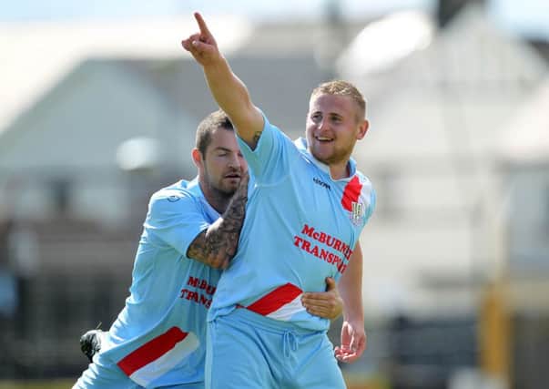 Ballymena United's David Cushley celebrates opening the scoring against Warrenpoint Town during Saturday's Danske Bank Premiership match at the Showgrounds. 
Picture by Brian Little/Presseye