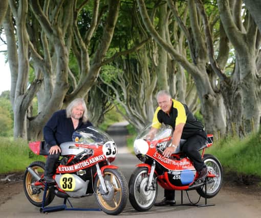 PACEMAKER, BELFAST, 23/6/2009:  Armoy road race Clerk of the Course Bill Kennedy (right) and Jim Dunlop, the only surviving member of the infamous Armoy Armada racing quartet that hailed from the Co Antrim village, are pictured at the Dark Hedges in Stranocum.  The pair are photographed with Mervyn Robinson and Frank Kennedy's race bikes.  The original Armoy Armada comprised Frank Kennedy, Bill's brother, Mervyn Robinson, Joey and Jim Dunlop.  Frank and Mervyn lost their lives in racing crashes at the North West 200 and Joey was killed in Estonia in 2000. 
PICTURE BY STEPHEN DAVISON