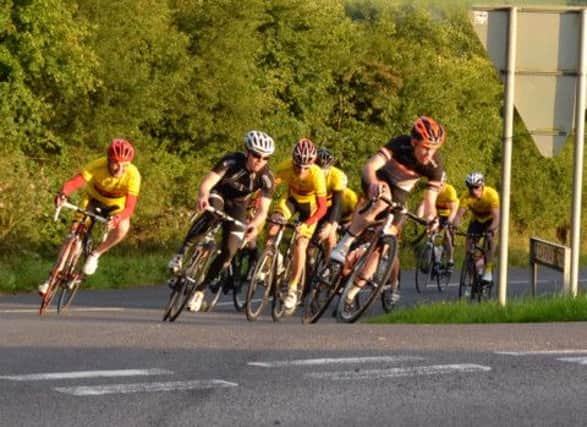 Mourne Observer cup winner Brian Curran (extreme left) holding on to scratch group on final lap.