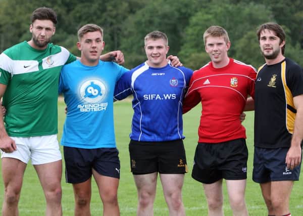 Stephen Mulholland, Adam McBurney, Lewis McClintock, Ritchie McMaster and Sean Taylor, new players with Ballymena RFC. INBT33-220AC