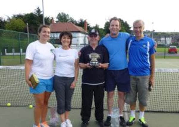Debbie McNabb, Heather Craig, Alec Pennycook, Ian McBride and Graeme Cavan at the tennis competition.  INCT 33-736-CON
