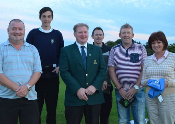 Pictured following the presentation of the P.F.S. Accountants Open Stableford at Foyle are, from left, Martin McGough (winner), Dylan Nixon(runner-up), Mr Chris Lynch (Captain, Foyle Golf Club), Damien Martin (third), Scott Kennedy (gross) and Geraldine Doherty (lady winner).