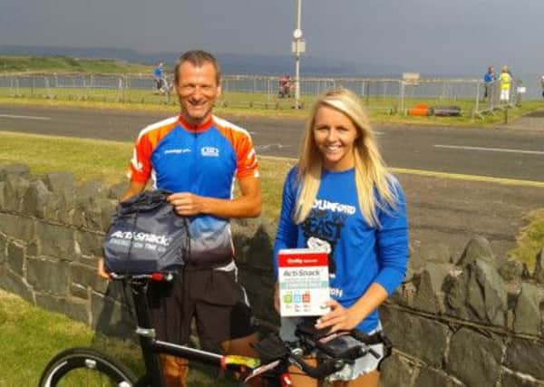 Hi-Elbow members David Morwood and Laura Wylie get set for the Lough Neagh Triathlon sponsored by Acti-Snack