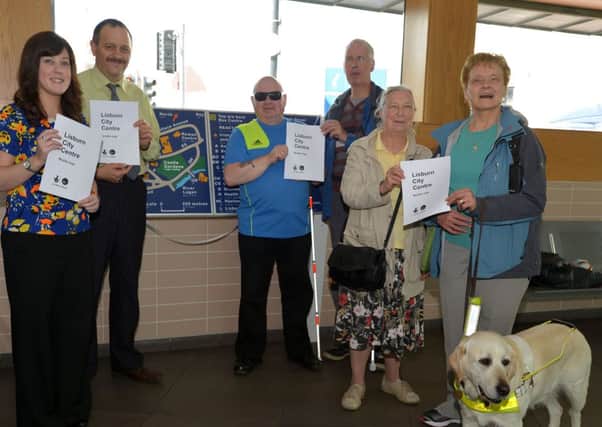 Left to right: Angela Montgomery (Lisburn City Centre Management), Jim McAuley (Translink, Bus Centre Manager), James Judge (Local person with sight loss), David Mann (Chair of RNIB NI and local person with sight loss), Anna McMonagle (Local person with sight loss) and Enid Maxwell (Local person with sight loss).