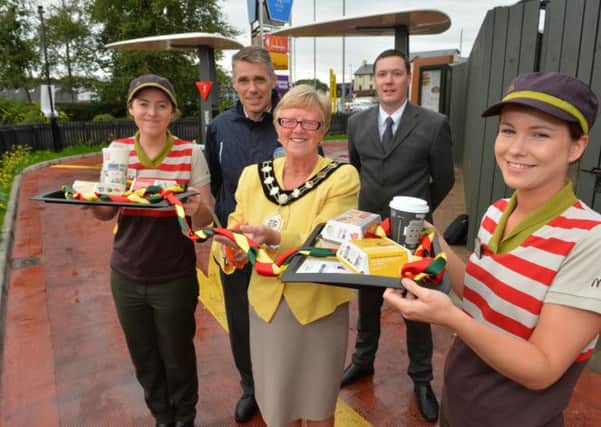 Kevin Woodin Environmental Health Officer Mayor Audrey Wales along with McDonalds staff Erin Ramsey, Katie Connolly(L) Karl Black (Back R). Photo by Aaron McCracken/Harrisons