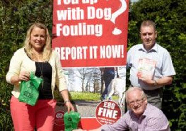 Chair of Environmental Services Committee, Councillor Ronnie Harkness joins Neighbourhood Environmental Manager Trevor Clydesdale and Community Engagement Officer, Pamela Hanna in promoting Councils FREE doggy bags giveaway aimed at encouraging owners to be more responsible with their dogs and avoid the fine.