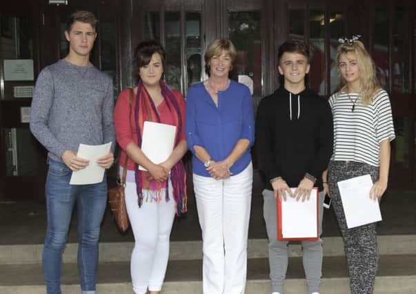 St Patrick's College principal Mrs Cate Magee pictured with 'A' level students, Colette Laverty, Dylan Stephens, Aaron Keenan and Lauren Watkinson.