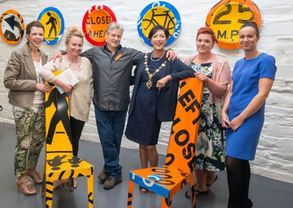 Mayor Brenda Stevenson pictured with crafter/maker Boris Bally from the USA 
Included from left are Oonagh McGillion, Legacy Director for Derry City Council, Tara Herron from Invest Northern Ireland, Seliena Coyle, CultureCraft, Louise Breslin,  Programme Manager of Derry City Council's Business Opportunities Programme.