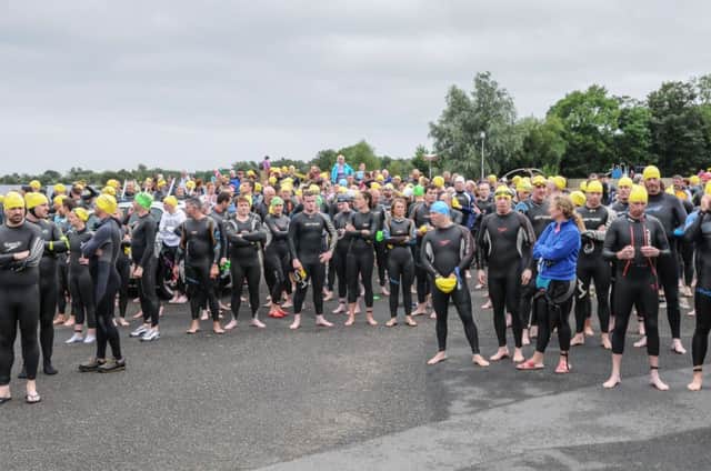 The competitors get a safety briefing before setting off on the Lough Neagh Triathlon at Ballyronan.