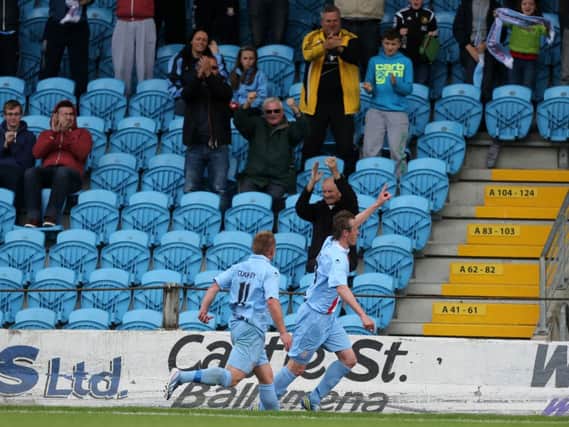 Ballymena captain Allan Jenkins celebrates after scoring his team's second goal.  INBT34- UNITED 1  Picture by John McIlwaine/Presseye.com