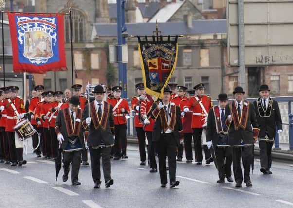 The City of Londonderry District No.2 Royal Black Chapter march across Craigavon Bridge. LS35-141KM10
