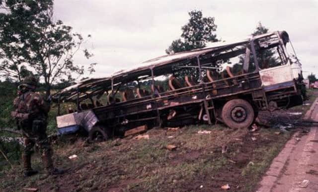 PACEMAKER BELFAST    REMAINS OF THE BUS BLOWN UP BY THE IRA IN BALLYGAWLEY IN AUGUST 1988 KILLING 8 BRITISH SOLDIERS