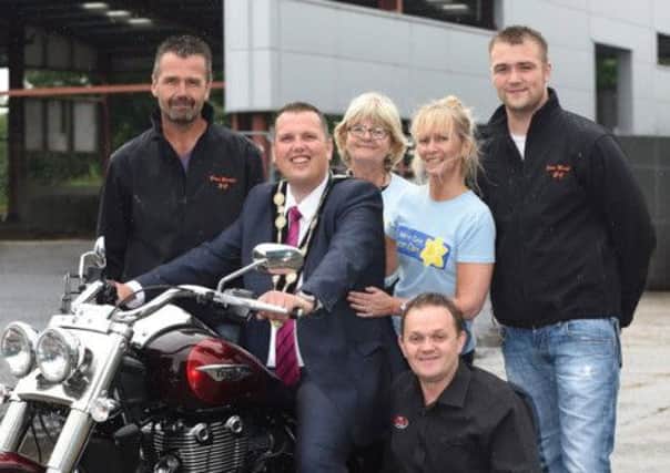 Pictured with the Mayor of Lisburn, Councillor Andrew Ewing at the launch of his charity Motorcycle Ride that will take place on Saturday 23rd August are: (l-r) Steven Moulds; Vera Hewitt, Chair of the Lisburn/Hillsborough Marie Curie Fundraising Group; Amanda Scott, Community Fundraiser Marie Curie; Philip McCallen and Harry Moulds.