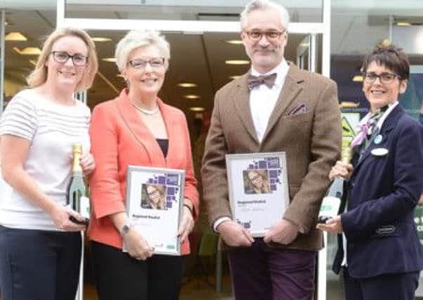 Store director, Specsavers, Lisburn, Natalie Latham, NI regional finalists, spectacle wearer of the year 2014, Mary Devlin, 60+ age category and Derek Dubery, 40-59 age category and store manager Fiona McKay.