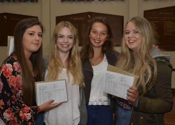 Pictured collecting their GCSE results at Foyle College were, from left, Chloe Appleby, Lydia Cullen, Rosie McSorley and Sarah Gwynne. INLS3414-108KM