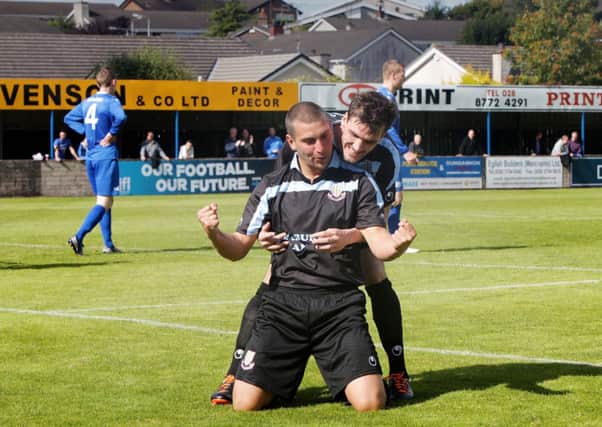 Matthew Tipton celebrates with team-mate Gavin Taggart after opening the scoring in Ballymena United's 3-0 weekend win at Dungannon Swifts. Picture: Press Eye,