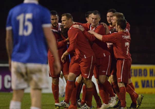 Ballyclare's Chris Trussell celebrates after putting Ballyclare 1-0 up against Linfield in the League Cup.  INLT 35-693-CON (Presseye pic)