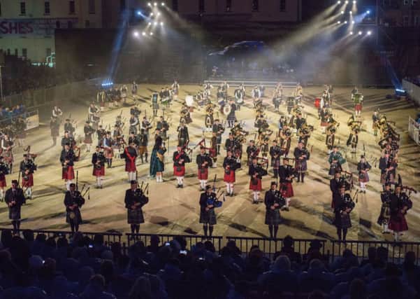 The massed bands of the Walled City Tattoo take centre stage at Ebrington Square in Derry-Londonderry last night