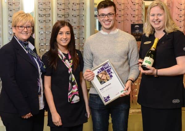 Specsavers staff members pictured in their Londonderry office: Manager Louise Doherty; Office administrator Stacey Elliott; Spectacle Wearer of the Year 2014, regional finalist, 25-39 age category, Sean McEleney and Store director Maeve Walsh.