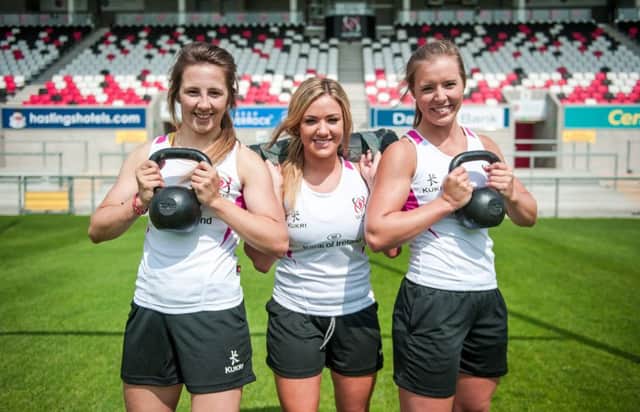 Ulster Womens players Gemma McCutcheon, Pieta McAlister and Claire McLaughlin help launch Ulster Rugbys four week boot camps, to be held at four local clubs this month. INBM36-14