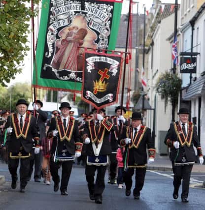 ON SHOW. Pictured are Sir Knights from Ballymoney Chosen Few RBP No.309, parading Ballymoney on Black Saturday on their way to the main procession in Ballyclare.INBM36-14 023SC.