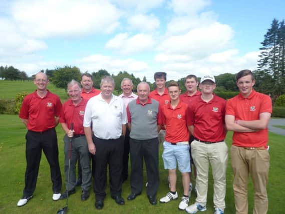 The Banbridge Carlingford Cup team. Included is team captain, Cathal O'Neill, vice -captain, Brendan Meade and the club captain, Noël McSherry.