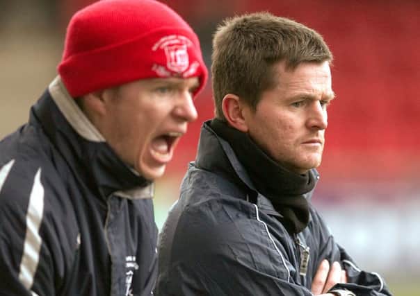 Ballyclare assistant-manager Gary Bell (left) with boss, Eddie Hill.