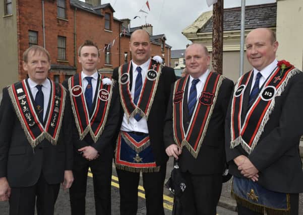 These members of R.B.P. 143, from left, Jackie Steele, Alan Steele, Derek Carlisle, Trevor McKinley and Mark Docherty, were pictured on Saturday. INLS3514-113KM