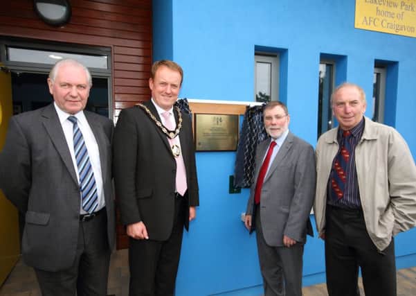 Jim Shaw (Irish Football Association president), the Mayor of Craigavon Councillor Colin McCusker, DSD Minister Nelson McCausland MLA and AFC Craigavon chairman Jim Burke at the civic opening of the Mid-Ulster club's Lakeview Park facilities. Pics by Noel Quinn.