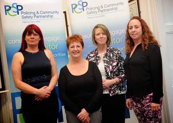 Guest speakers Karen Vandersypen, Theresa Burke and Collette Quigley at Thursday's Derry Policing and Community Partnership public meeting, with DPCP vice-chairman, Una McCartney, right. Photo: Stephen Latimer