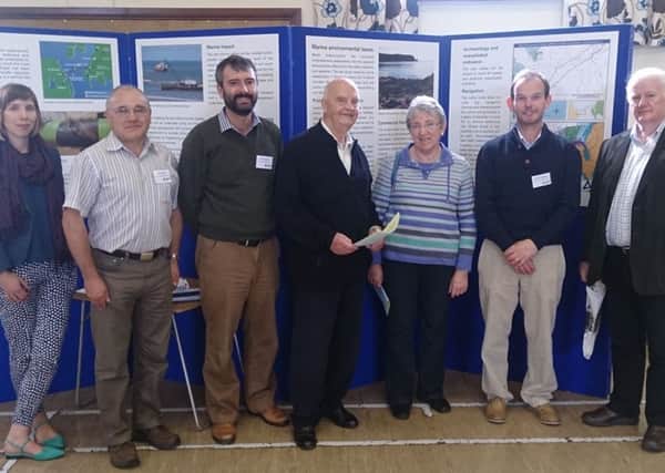 Pictured at the public information event held by Mutual Energy Ltd in Islandmagee are (l-r) Cara Lavery, DoE; John Holmes, MEL; Eric Houston, Intertek; Councillor Michael Lynch; Anne Mundell; Stephen Hemphill, group operations manager MEL; and Brian Luney, Friends of the Earth.  INLT 37-678-CON