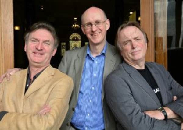 Jim Lockhart (Horslips), Richard Wakely (Festival Director, Ulster Bank Festival at Queen's) and Barry Devlin (Horslips).  INLT 37-679-CON