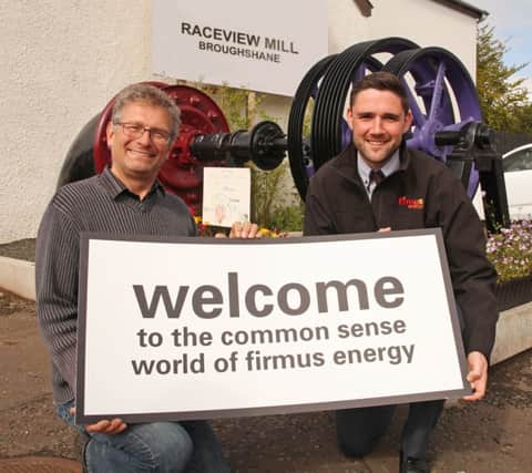 Roy McKeown, owner and operator of the newly renovated Raceview Mill in Broughshane is joined by David Fusco of firmus energy to celebrate the conversion of the inspirational site to natural gas. Raceview Mill offers up-and-coming creative businesses with low rent space and atmospheric surroundings in which to work. To find out more about the Mill, visit www.raceviewmill.com and for more information on connecting to natural gas, visit www.firmusenergy.co.uk .